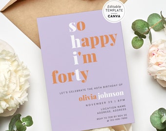 Funny 40th Birthday Invite Canva Template, Modern Forty Birthday Party Invitation, Happy 40th Birthday, Fortieth Bday Party Invite