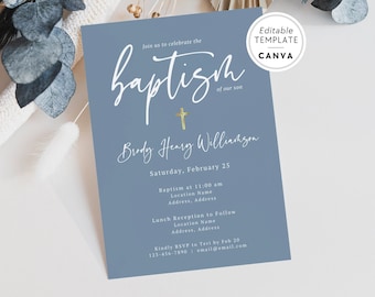 Dusty Blue Baptism Invitation Template, Boys Baptism Invite, Christening Invite, Editable Boy Baptism, Canva Template, Instant Download