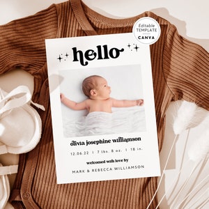 Cute Retro Birth Announcement Template Canva, Minimal Photo Birth Announcement Card, Newborn Birth Announcement, Instant Download