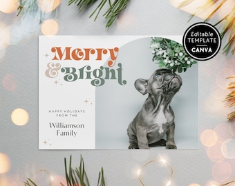 Retro Photo Christmas Card, Boho Editable Holiday Card, Christmas Arch Photo Card Template, Xmas Card with Photo, Pet Photo Canva Template