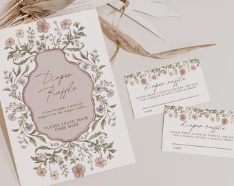 Vintage Floral Diaper Raffle Sign & Entry Card: Garden Party Baby Shower Game (Canva Template) BSIT34