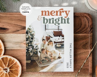 Retro Photo Christmas Card Canva Template, Boho Editable Holiday Card, Christmas Arch Photo Card Template, Family Photo Printable