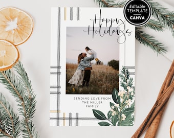Plaid Christmas Photo Card Template, Editable Holiday Card Canva, Greenery Watercolor Christmas Card, Double Sided Christmas Photo Card