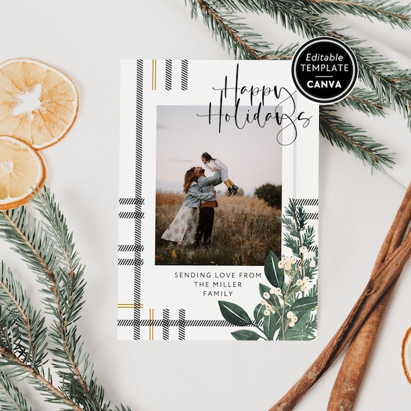 Plaid Christmas Photo Card Template, Editable Holiday Card Canva, Greenery Watercolor Christmas Card, Double Sided Christmas Photo Card