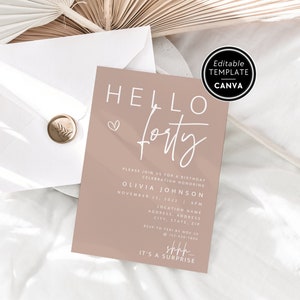 Boho 40th Birthday Invite Template, Editable Blush Birthday Party Invite, DIY Canva Template, Happy 40th Birthday, Digital Surprise Invite