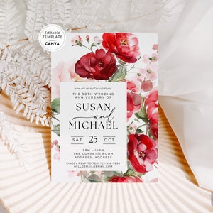 Floral 50th Anniversary Invitation Template Canva Template, Printable Anniversary Invite, Elegant Watercolor Wedding Anniversary Invitation