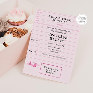 Library Card Girl Birthday Invitation Canva Template, Bookish Birthday Party Invite, Printable Invitation, Editable Invitation Template