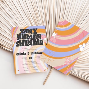 Tiny Human Shindig Invite, Editable Groovy Baby Shower Invitation Template Canva, Retro Baby Shower Invite, 70s Baby Shower Invite, Marli