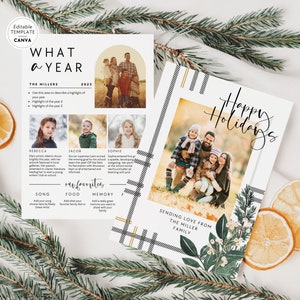 Plaid Christmas Photo Card Newsletter Canva Template, Year In Review Christmas Editable Photo Collage Card, Printable Family Holiday Card