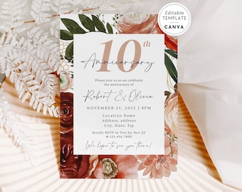 10th Anniversary Invitation Template, Anniversary Celebration Invite, Tenth Wedding Anniversary Floral Party Invitation, DIY Canva Template