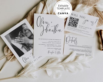 Minimalist Wedding Invitation Bundle Canva, Editable Photo Wedding Invite with QR Code RSVP, Printable Wedding Suite Template with Pic, Ava