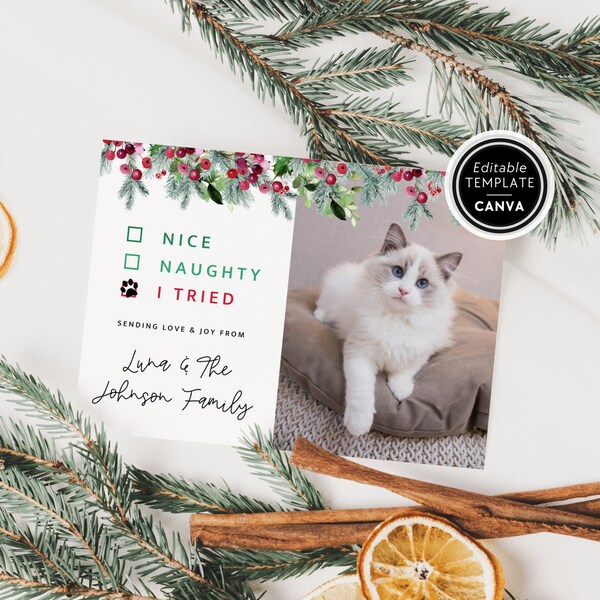 Cat Photo Christmas Card, Cute Editable Pet Holiday Card, Christmas Kitten Photo Card Template, DIY Xmas Card with Pet Photo, Canva Template