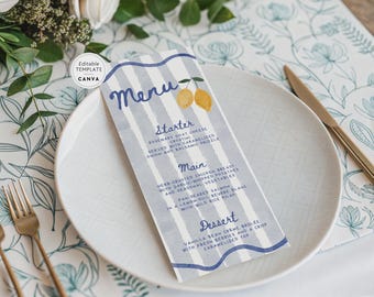 Lemon Boy Ciao Baby Shower Menu Canva Template, Blue Whimsical Luncheon Menu BSIT35