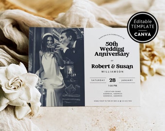 50th Anniversary Invitation with Photo Canva Template, Printable Anniversary Invite, Gold Wedding Anniversary Party Invitation DIY Editable
