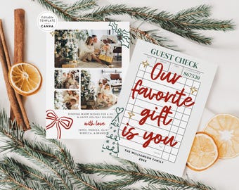 Trendy Unique Guest Check Christmas Card Canva Template, Hand Drawn Holiday Card, Coquette Bow Christmas Family Photo Card, Multiple Backs