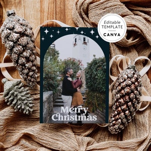 Retro Photo Christmas Card, Boho Editable Holiday Card, Christmas Arch Photo Card Template, Double Sided Christmas Card with Photos, Canva