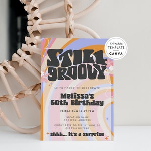 Groovy 60th Birthday Invite Template, Retro 60s Style Birthday Party Digital Invitation, Canva Template, Happy 60th Birthday, Hippie Bday
