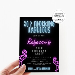 Editable Flamingo 50th Birthday Invitation, Neon Flamingo Party Invite, Instant Download Invitation Template, Flocking Fabulous Party Invite