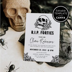 50th Birthday Invite Template, RIP Forties Party Invitation, Skull Birthday, Death To Your 40s Invite, 50th Party Invite, Canva Template