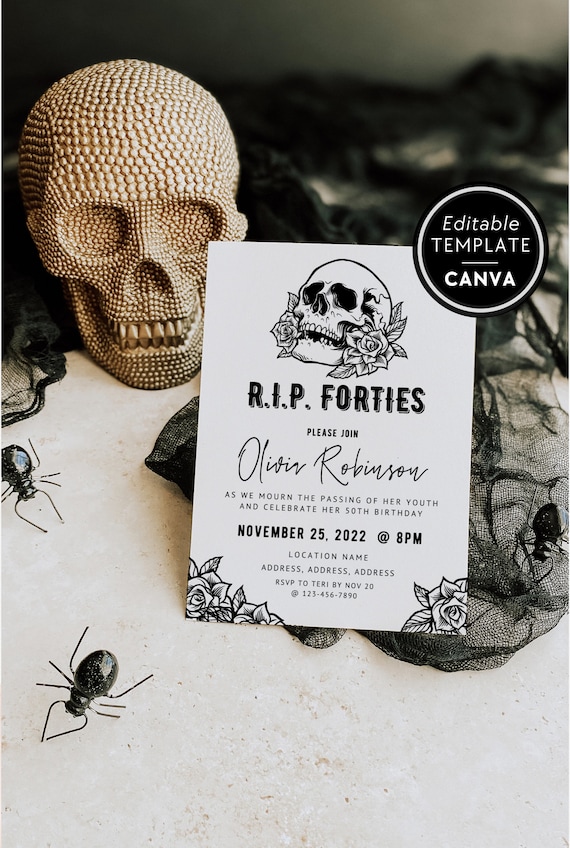 50th Birthday Invite Template, RIP Forties Party Invitation, Skull Birthday, Death To Your 40s Invite, 50th Party Invite, Canva Template