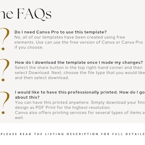 Pode incluir: Gr&aacute;fico creme com o texto "the FAQs" em fonte marrom escuro. O texto responde a perguntas sobre o uso de um modelo, incluindo Canva Pro, download e impress&atilde;o. O logotipo Trendyfox est&aacute; no canto inferior esquerdo.