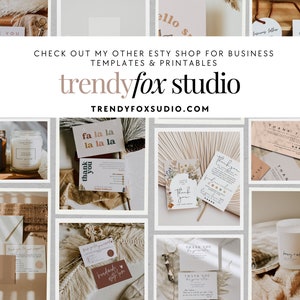 May include: A collage of images showcasing various business templates and printables, including thank you cards, gift tags, and candle labels. The images feature a neutral color palette with brown, beige, and white tones. The text "trendyfox studio" is displayed in a bold font.