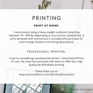 May include: A printable template for a wedding invitation with instructions on how to print at home. The text recommends using heavy-weight cardstock between 70-100 lbs. It also suggests using Prints of Love for professional printing.