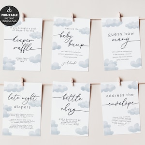 Printable Cloud Themed Baby Shower Game Sign Bundle, Instant Download, Table Top Baby Shower Sign, Boy or Gender Neutral Shower Sign Bundle
