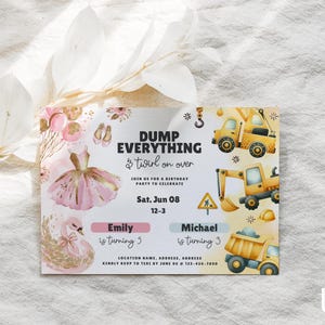 May include: A pink and gold birthday invitation with a watercolor illustration of a ballerina and a swan. The text reads "Dump Everything & twirl on over" and includes the names Emily and Michael, their ages, and the date and time of the party.