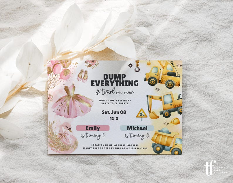May include: A pink and gold birthday invitation with a watercolor illustration of a ballerina and a swan. The text reads "Dump Everything & twirl on over" and includes the names Emily and Michael, their ages, and the date and time of the party.