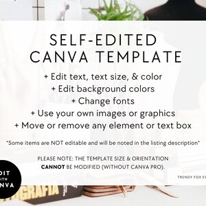 May include: White Canva template with black text: "SELF-EDITED CANVA TEMPLATE." Features include editing text, colors, fonts, and adding images. The text also states that the template size and orientation cannot be modified.