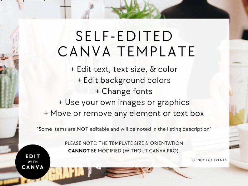 May include: White Canva template with black text: "SELF-EDITED CANVA TEMPLATE." Features include editing text, colors, fonts, and adding images. The text also states that the template size and orientation cannot be modified.