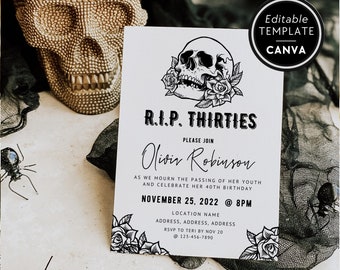 40th Birthday Invite Template, RIP Thirties Party Invitation, Skull Birthday, Death To Your 30s Invite, 40th Party Invite, Canva Template