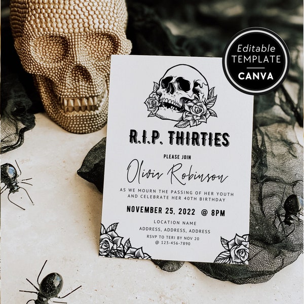 40th Birthday Invite Template, RIP Thirties Party Invitation, Skull Birthday, Death To Your 30s Invite, 40th Party Invite, Canva Template