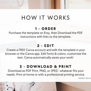 May include: How to use a digital template: purchase, edit, and download.  Instructions for using Canva to edit a template and download it as a PDF, PNG, or JPEG.