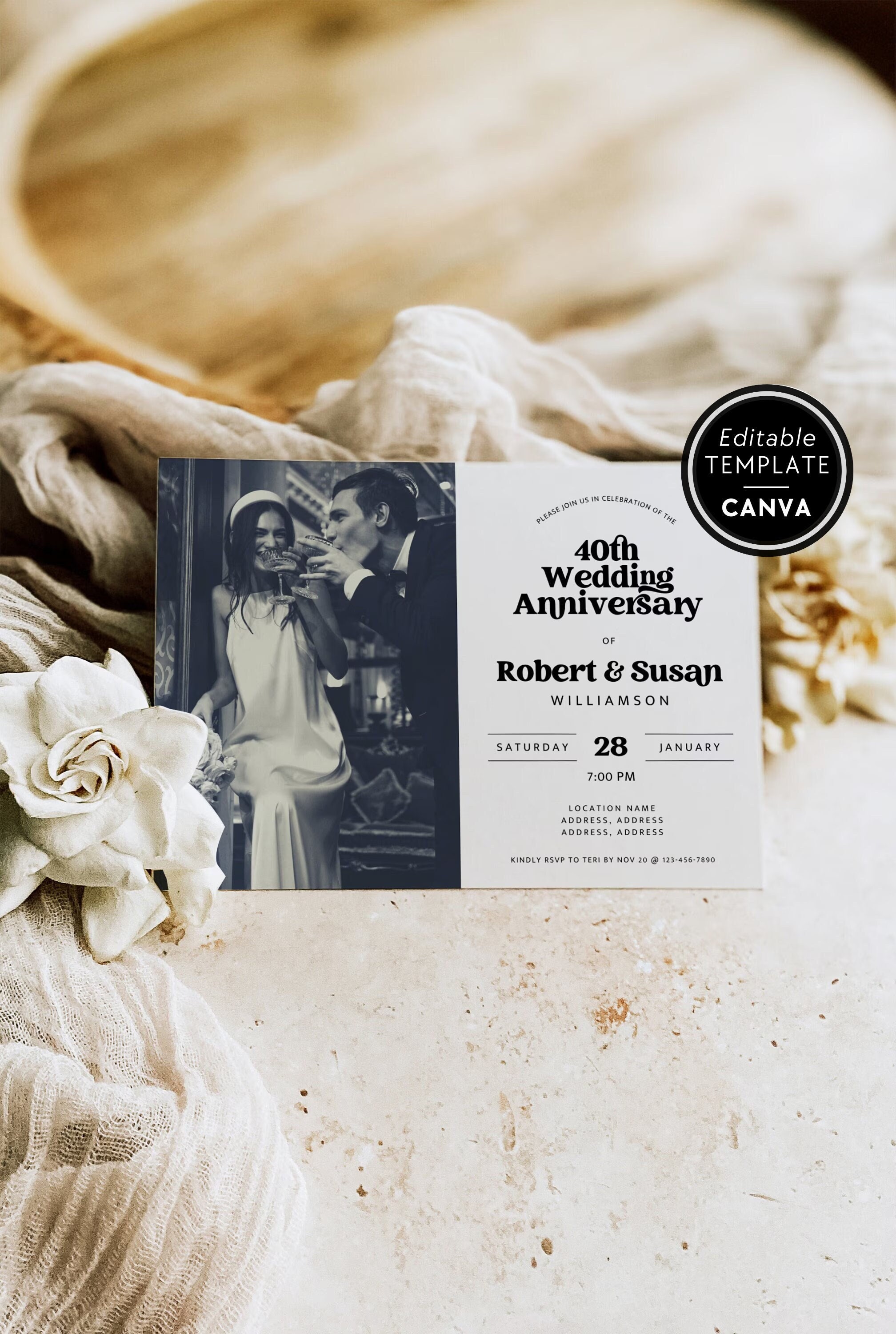 Photo 40th Anniversary Invitation Canva Template, DIY Printable Anniversary Invite, Editable Ruby Wedding Anniversary Party Invitation