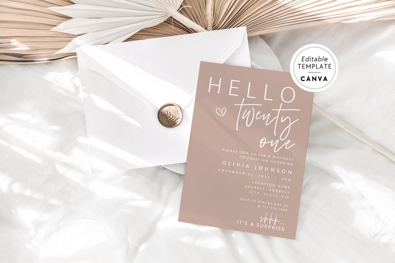 21st Birthday Invite Template, Boho Birthday Party Digital Invite, DIY Canva Template, Happy 21st Birthday, Editable Blush Bday Invite bild 1