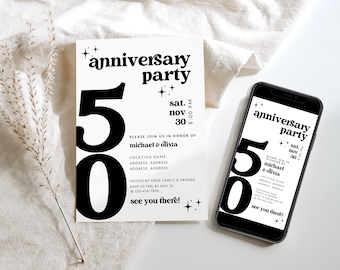 Retro 50th Anniversary Invitation Template, Printable Anniversary Invite, Gold Wedding Anniversary Party Invitation, Canva Template - Dani