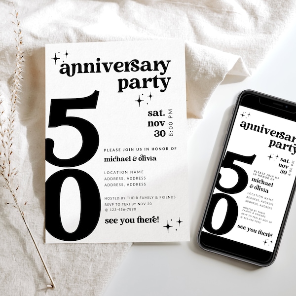 Retro 50th Anniversary Invitation Template, Printable Anniversary Invite, Gold Wedding Anniversary Party Invitation, Canva Template - Dani