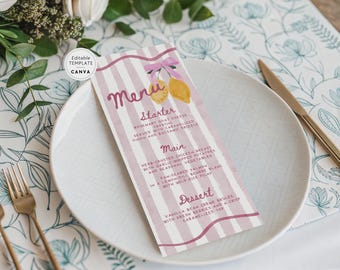 Lemon Ciao Baby Girl Shower Menu Canva Template, Pink Whimsical Luncheon Menu BSIT35