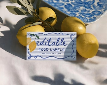 Editable Blue Lemon Baby Shower Food Labels, Flat or Folded Buffet Cards, Canva Instant Download – Ciao Baby BSIT35