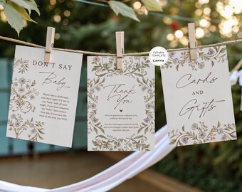 Vintage Floral Baby Shower Sign Set, Canva Template (Digital Download), Thanks For Coming, Cards & Gifts, Baby Shower Games Printable BSIT34