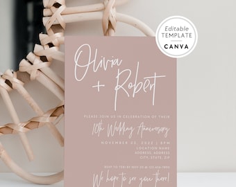 10th Anniversary Invitation Canva Template, Anniversary Celebration Invite, Tenth Wedding Anniversary Minimal Party Invitation, Modern Blush