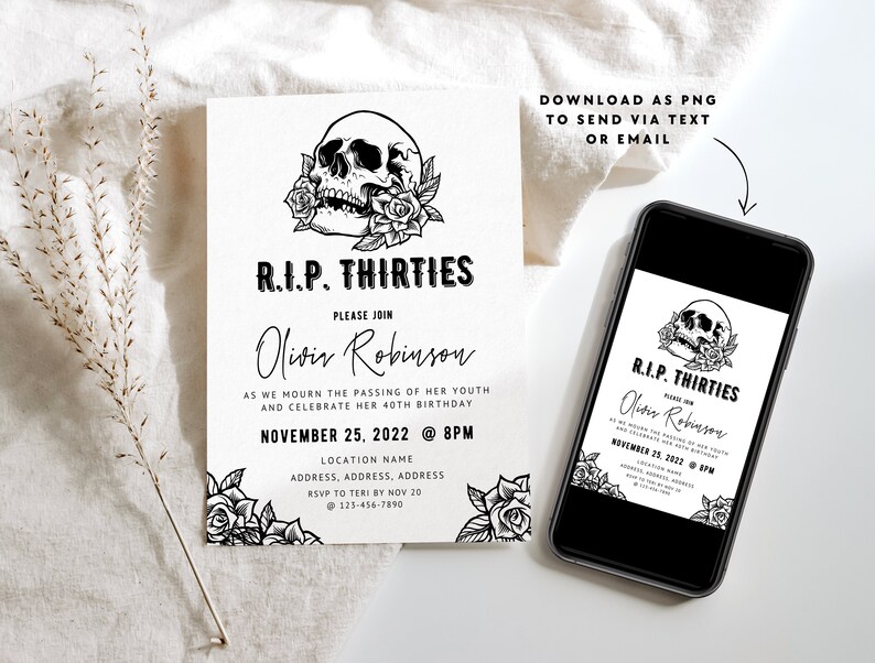 May include: Black and white printable invitation with a skull and roses graphic. The text reads "R.I.P. Thirties" and "Please join Olivia Robinson as we mourn the passing of her youth and celebrate her 40th birthday. November 25, 2022 @ 8PM. Location Name. Address, Address, Address. RSVP to Teri by Nov 20. 123-456-7890."