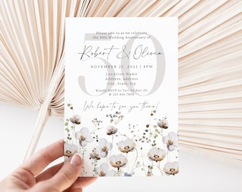 Floral 50th Anniversary Invitation Canva Template, Elegant Wildflower Printable, Gold Anniversary