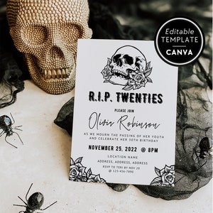 30th Birthday Invite Template, RIP Twenties Party Invitation, Skull Birthday, Death To Your 20s Invite, 30th Party Invite, Canva Template