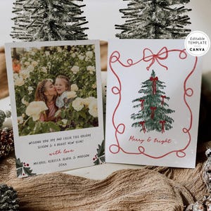 Whimsical Bow Photo Christmas Card Canva Template, Cute Hand Drawn Family Christmas Photo Card, Editable Flat Christmas Greeting Card