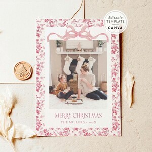 Grandmillenial Photo Christmas Card Canva Template, Chinoiserie Family Christmas Photo Card, Pink Chinoiserie Editable Holiday Greeting Card