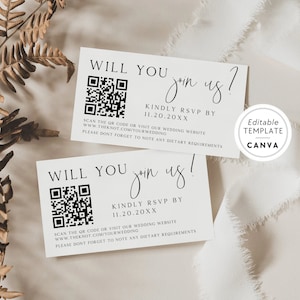 Minimalist Wedding RSVP QR Code Canva, Editable RSVP Card, qr code Reply Card, Enclosure for Wedding Invite, qr Scannable Invite Card, Ava
