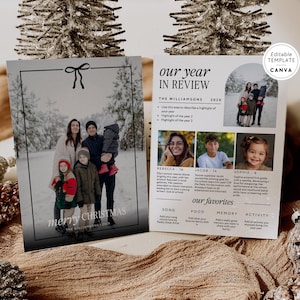 Pode incluir: Modelo de cart&atilde;o de Natal e resumo do ano. O cart&atilde;o de Natal apresenta uma foto de fam&iacute;lia com o texto "merry CHRISTMAS". O cart&atilde;o de resumo do ano inclui fotos de fam&iacute;lia e se&ccedil;&otilde;es para destaques, favoritos e atividades.